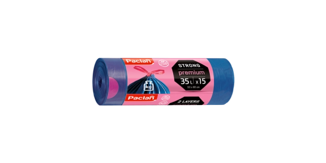 Paclan pytel na odpad PREMIUM zatahovací uši, 2-vrstvé, pevné 35L-15ks, 30µ, LDPE                                                                                                                                                                         