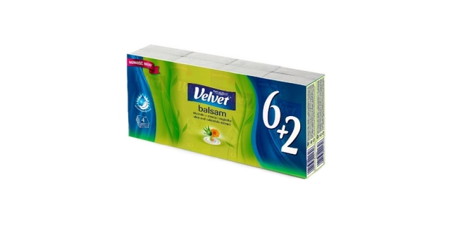 papírové kapesníčky Velvet Balsam 6+2 - 4 vrs.                                                                                                                                                                                                            