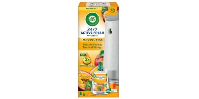 Air Wick Active Fresh automatický difuzér a náplň na vodní bázi – Maracuja a tropické mango.                                                                                                                                                              