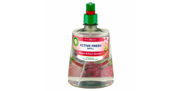 Air Wick Active Fresh náplň na vodní bázi do automatického difuzéru – Lesní plody a broskvový květ.                                                                                                                                                       