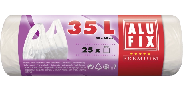 Pytle na odpadky zavazovací 35 l, 25 ks, 11 µm, 60 + 16 x 53 cm, HDPE, bílé                                                                                                                                                                               