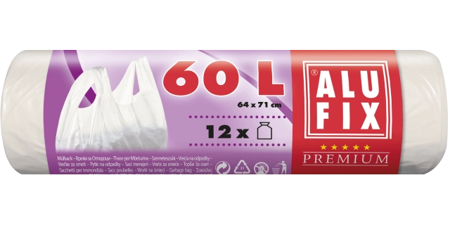 Pytle na odpadky zavazovací 60 l, 12 ks, 13 µm, 71 + 16 x 64 cm, HDPE, bílé                                                                                                                                                                               