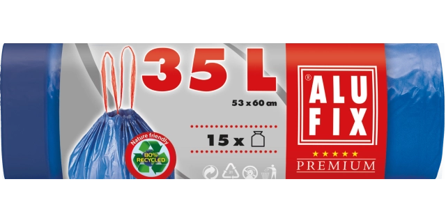 Pytle na odpadky zatahovací 35 l, 15 ks, 26 µm, 60 x 53 cm, LDPE modré                                                                                                                                                                                    