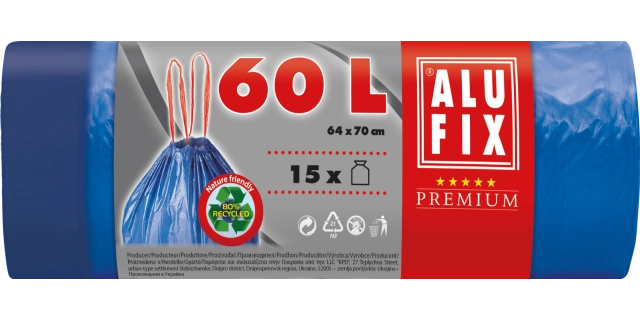 Pytle na odpadky zatahovací 60 l, 15 ks, 26 µm, 64 x 71 cm, LDPE modré                                                                                                                                                                                    