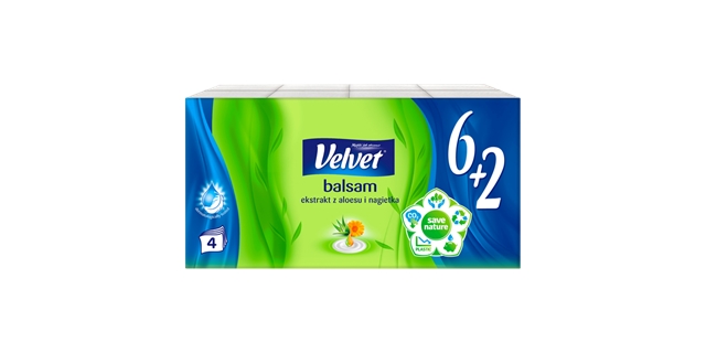 papírové kapesníčky Velvet Balsam 6+2 - 4 vrs.                                                                                                                                                                                                            