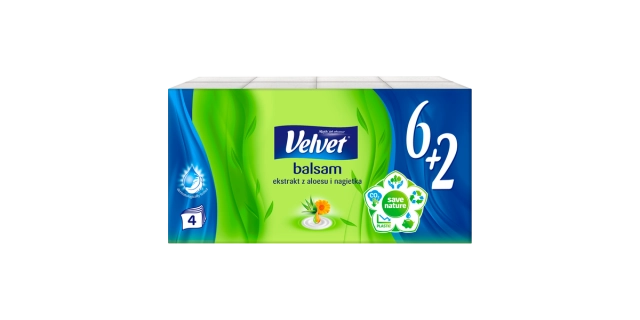 papírové kapesníčky Velvet Balsam 6+2 - 4 vrs.                                                                                                                                                                                                            
